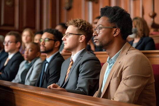 A jury sits in the jury box